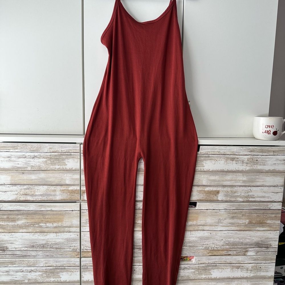 🧡 Popular 21 1X Terracotta Rust Sleeveless Stretch Jumpsuit Wide Leg